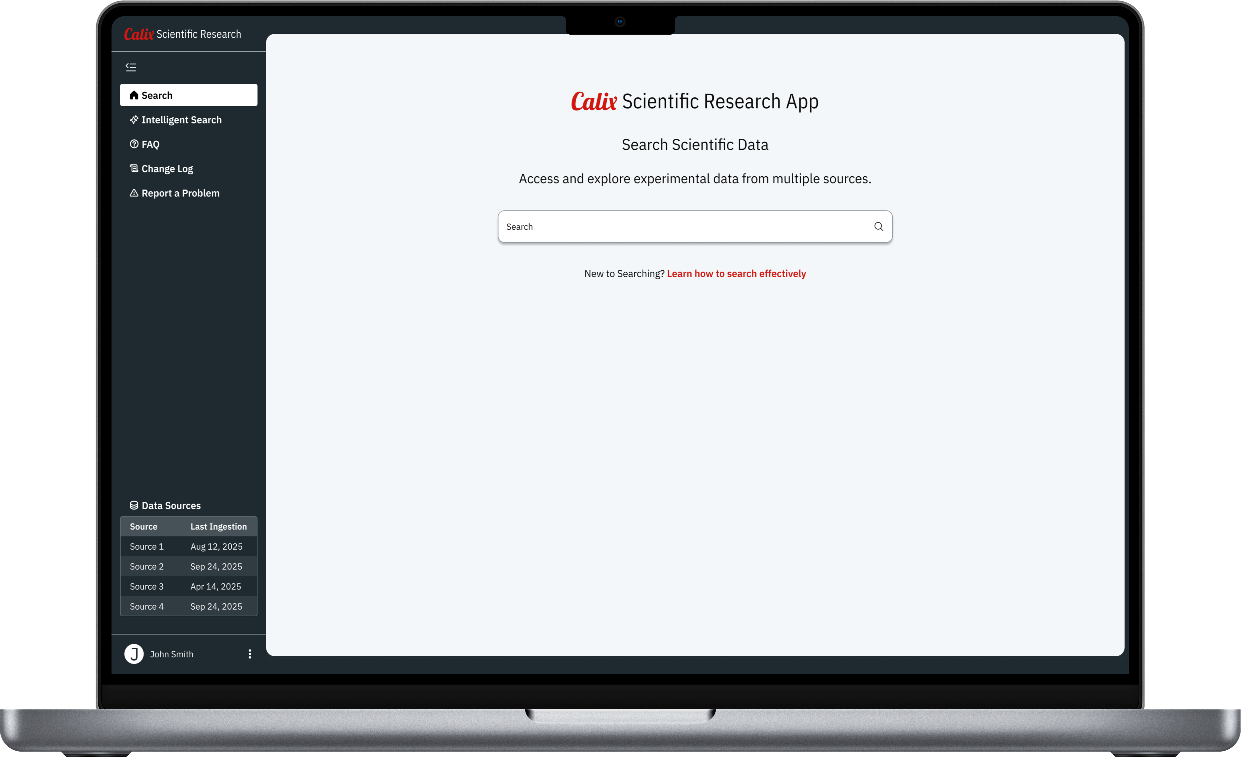 Scientific Research App search interface shown on a laptop
